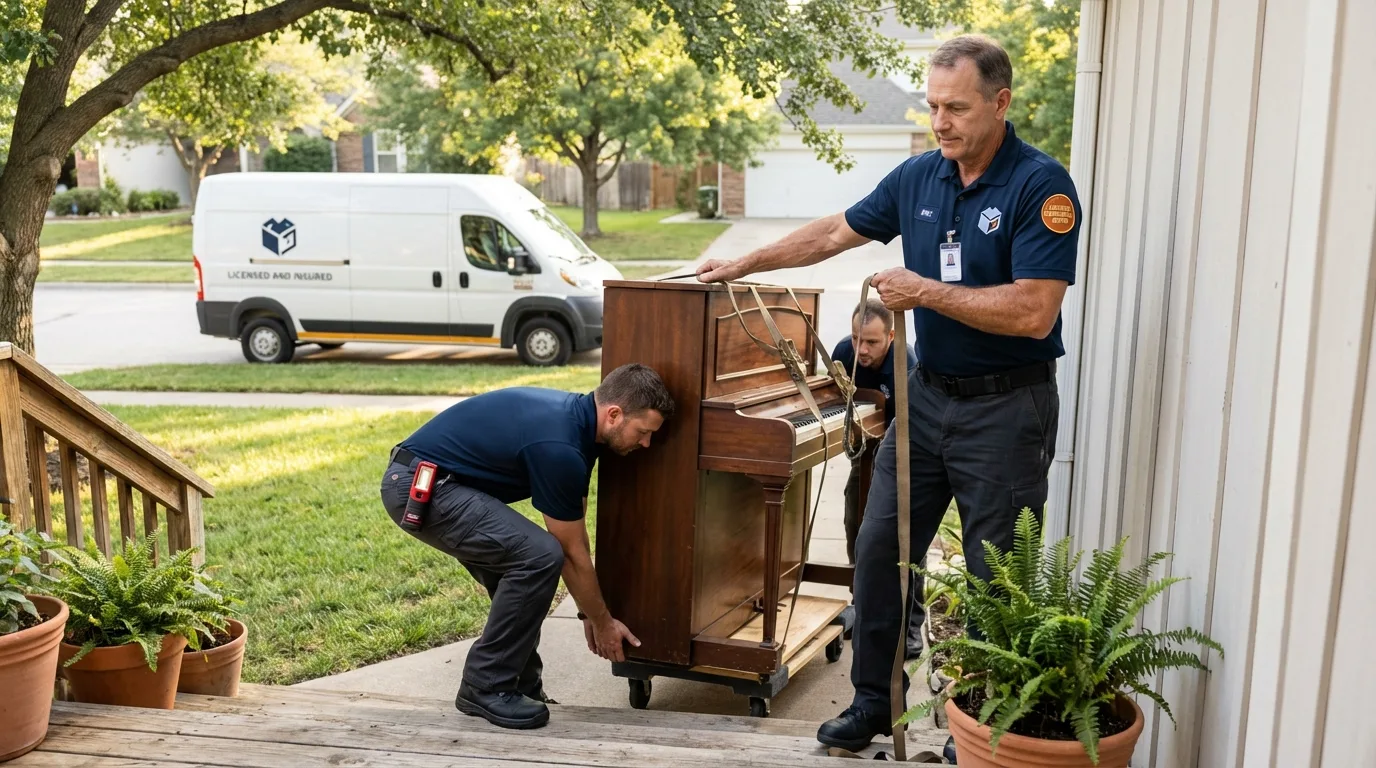 Licensed piano movers securing grand piano in Norfolk, NE