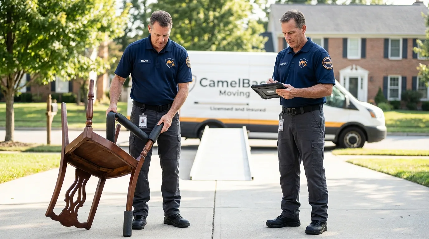 Movers inspecting furniture for damage prevention before loading in Norfolk, NE