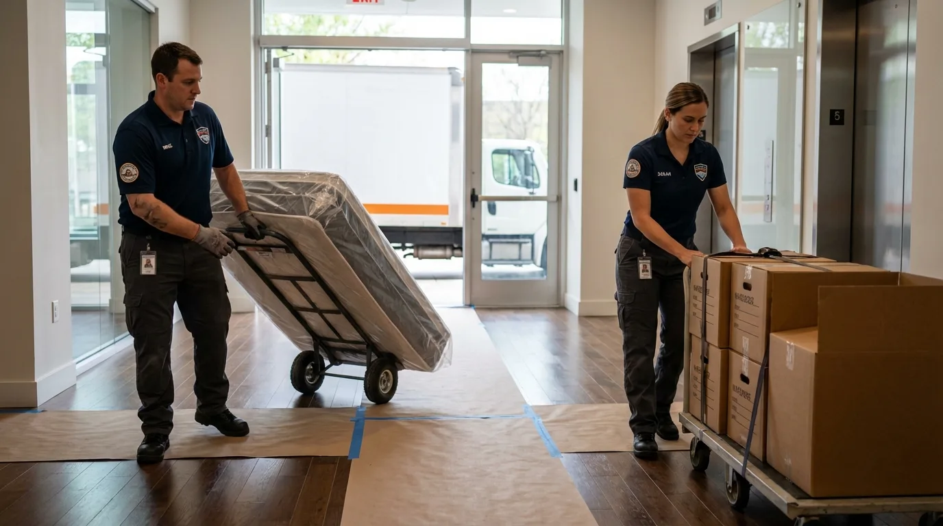 Professional apartment movers loading elevator in Norfolk, NE