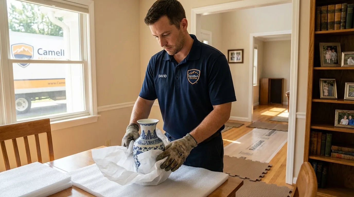 Professional crew carefully wrapping antique vase for senior downsizing move in Norfolk, NE